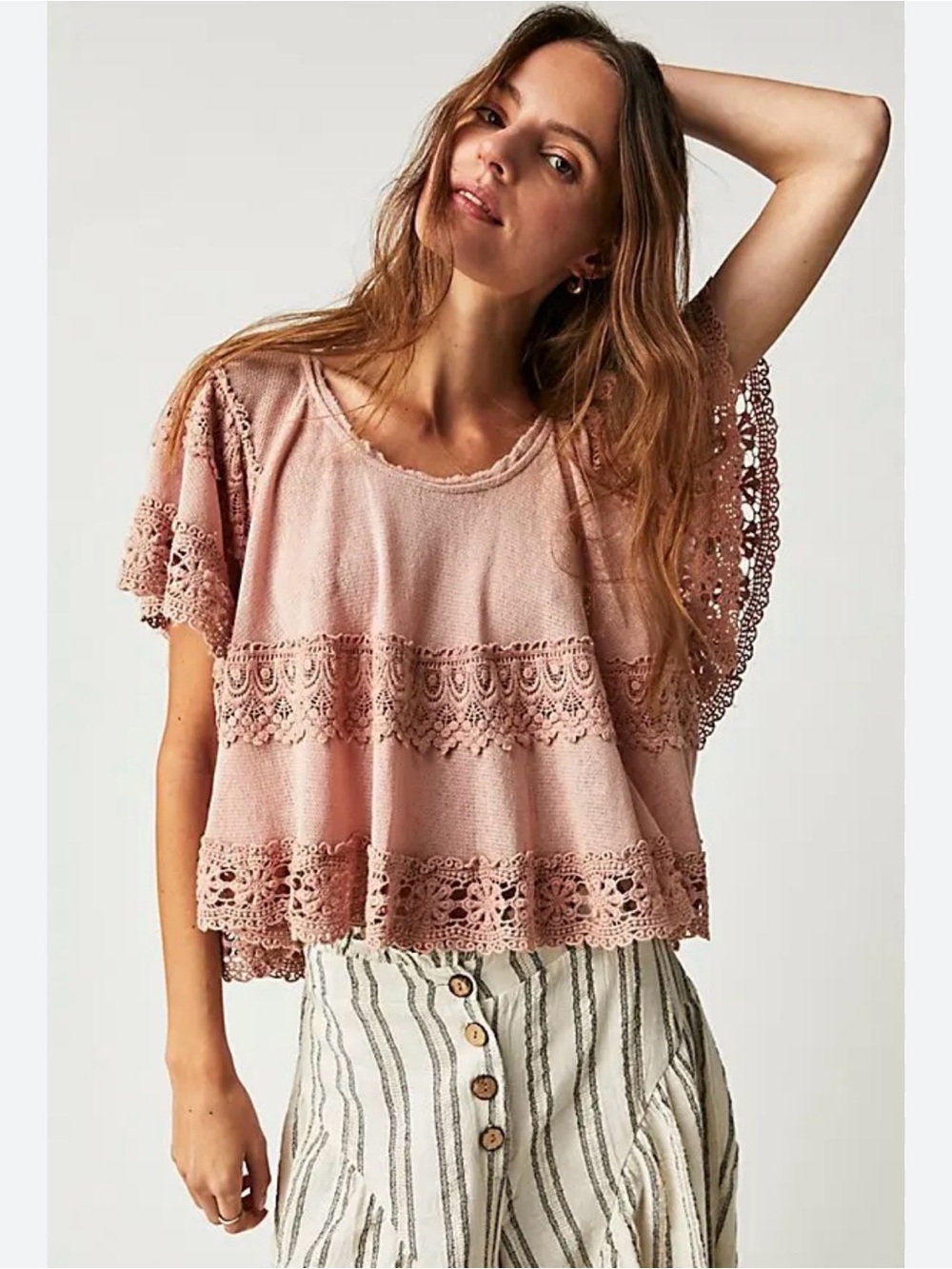 Free People Lace-Trim Flutter Tee in Dusty Rose